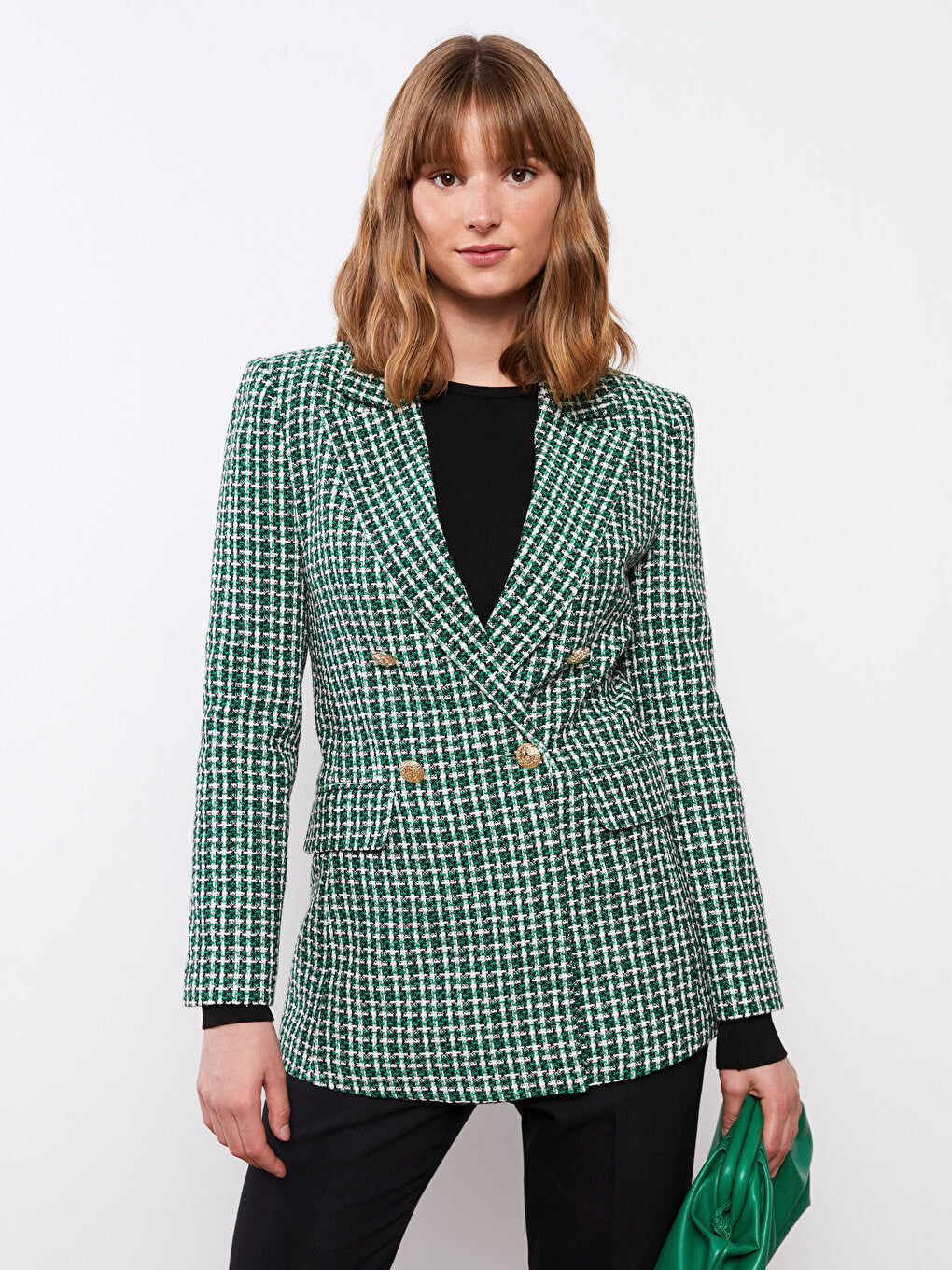 Front Button Closure Long Sleeve Plaid Women's Blazer Jacket