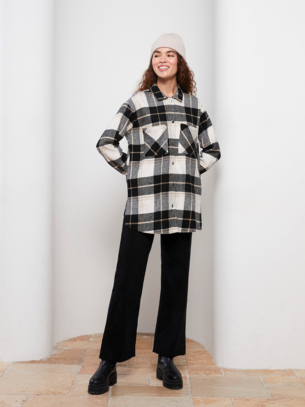 Plaid Long Sleeve Oversize Gabardine Women's Lumberjack Shirt Jacket