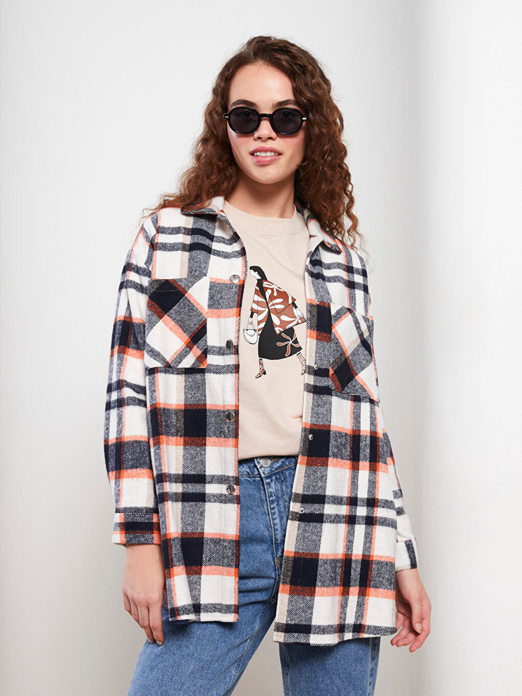 Plaid Long Sleeve Oversize Gabardine Women's Lumberjack Shirt Jacket