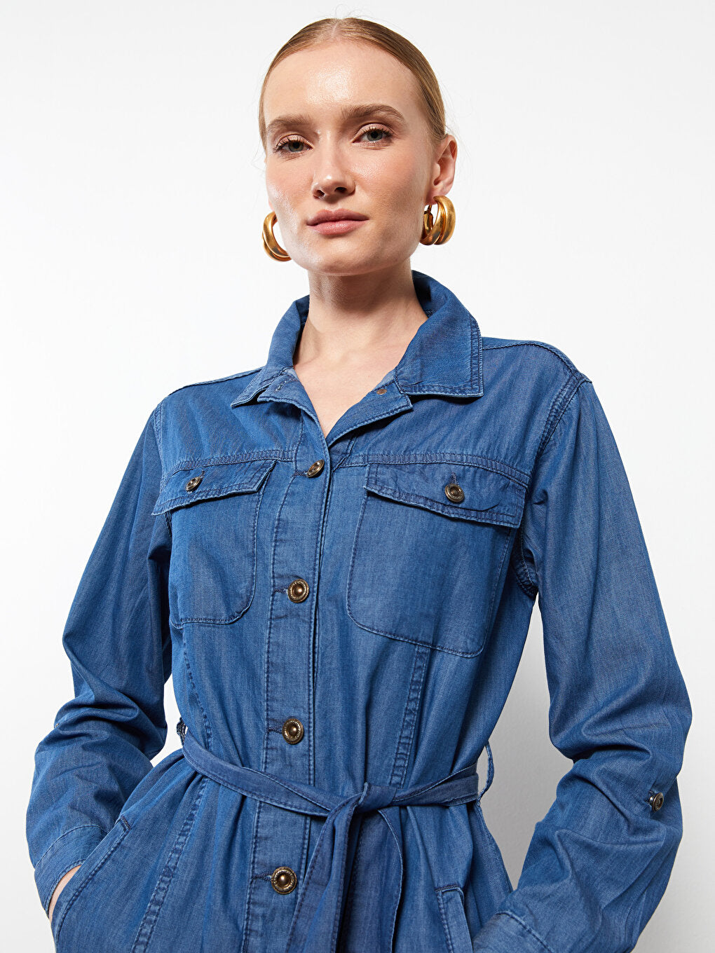 Shirt Collar Plain Long Sleeve Women's Jean Jacket