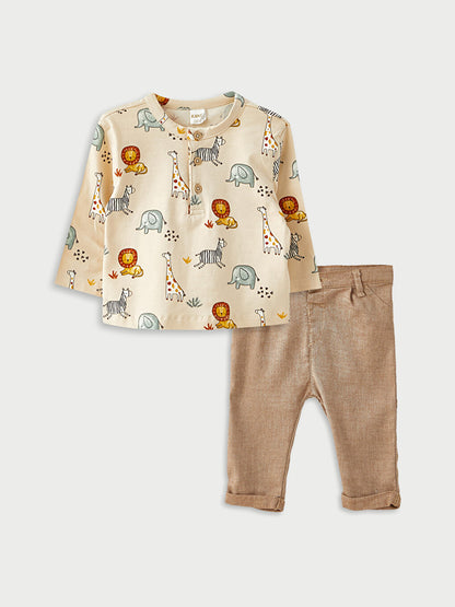 Crew Neck Long Sleeve Printed Baby Boy Shirt and Trousers 2-Piece Set