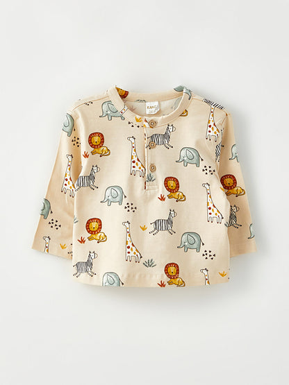 Crew Neck Long Sleeve Printed Baby Boy Shirt and Trousers 2-Piece Set