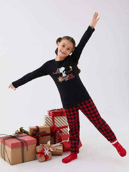 Crew Neck Snoopy Printed Long Sleeve Girl's Pajama Set