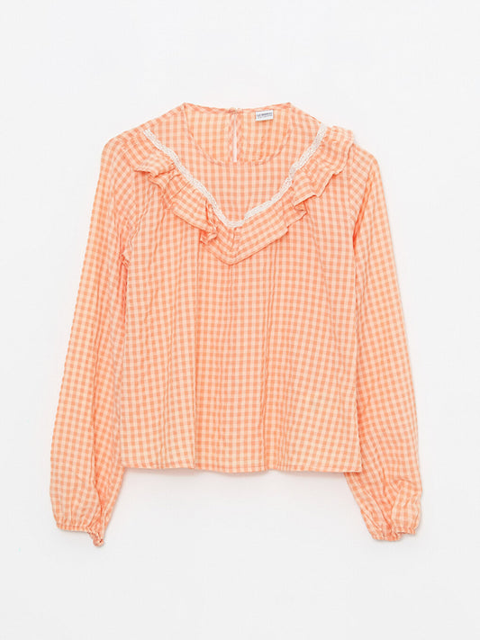 Crew Neck Plaid Long Sleeve Girl's Blouse