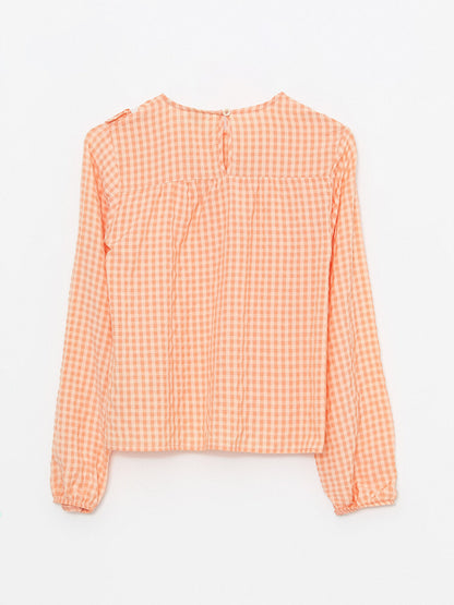 Crew Neck Plaid Long Sleeve Girl's Blouse