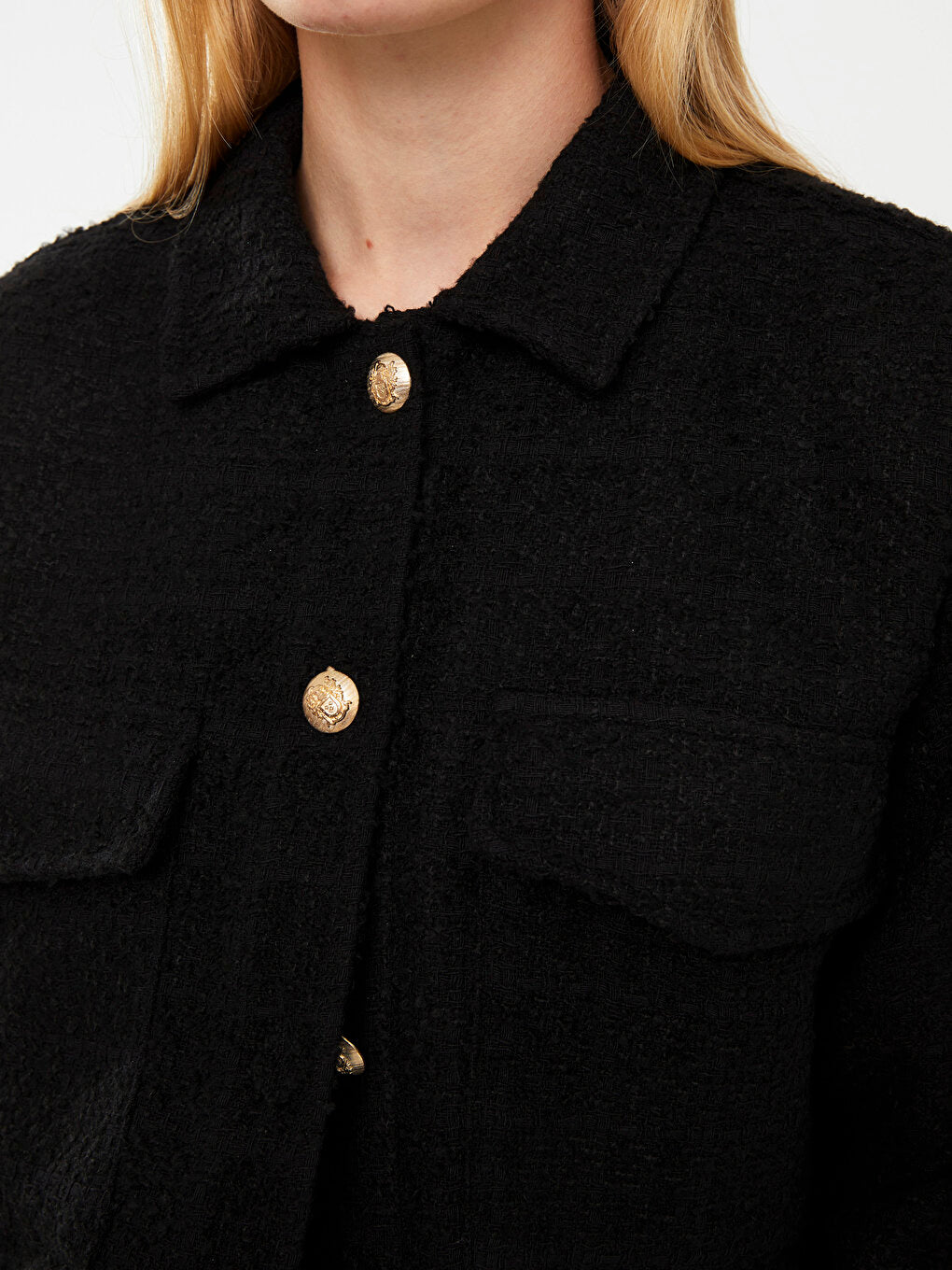 Front Button Closure Plain Long Sleeve Women's Tweed Shirt Jacket