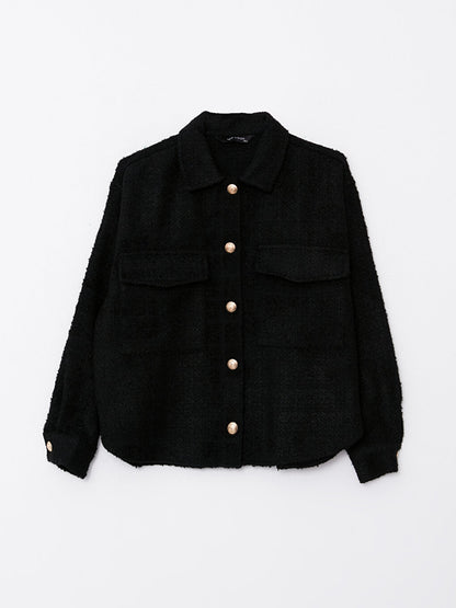 Front Button Closure Plain Long Sleeve Women's Tweed Shirt Jacket