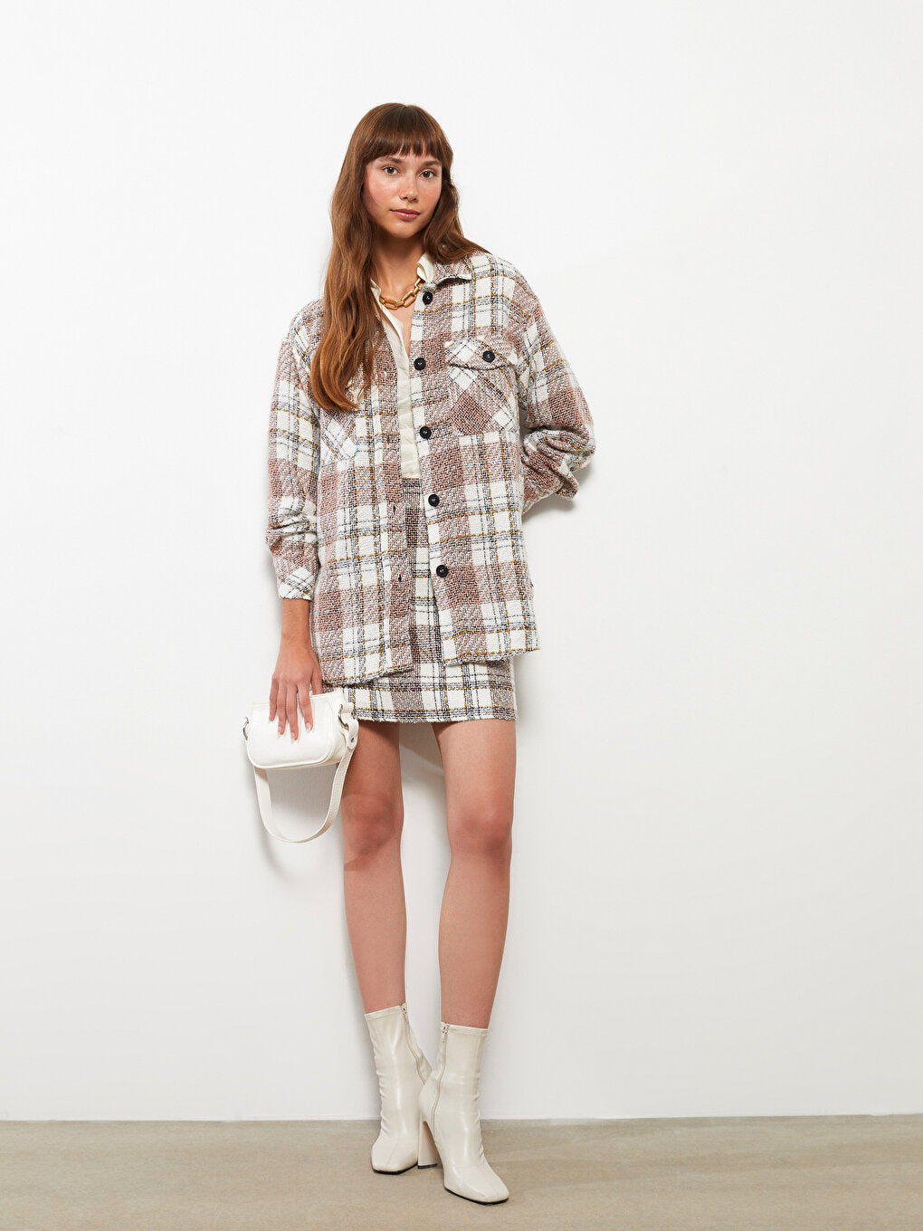 Plaid Long Sleeve Tweed Oversize Women's Shirt Jacket