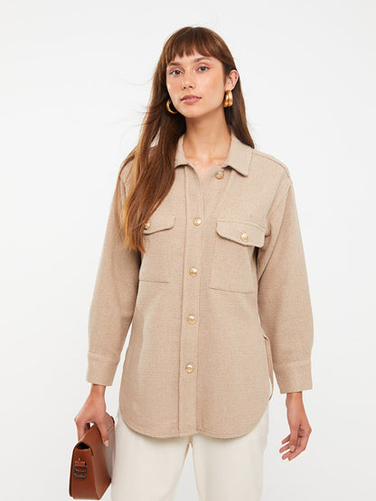 Front Button Closure Plain Long Sleeve Women's Tweed Shirt Jacket