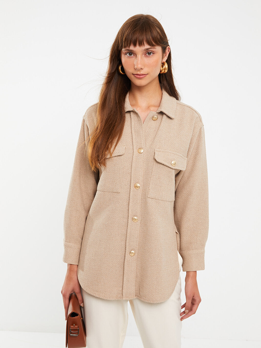 Front Button Closure Plain Long Sleeve Women's Tweed Shirt Jacket