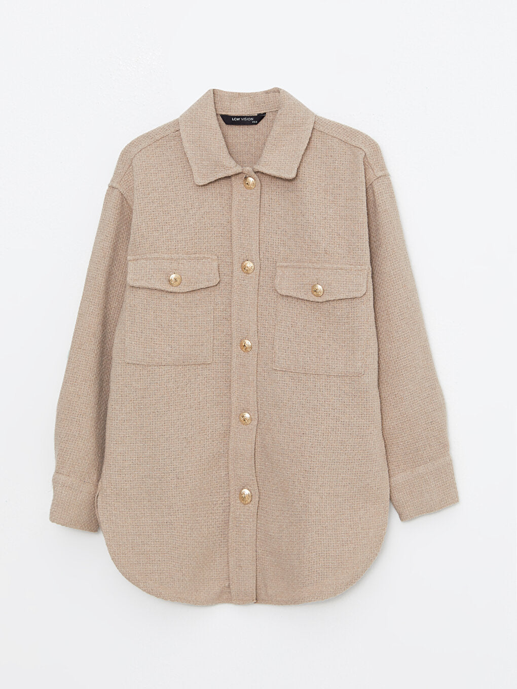 Front Button Closure Plain Long Sleeve Women's Tweed Shirt Jacket