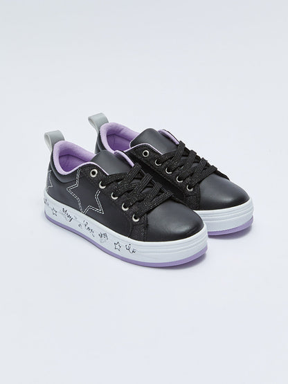 Leather Look Printed Lace Up Girls' Sports Shoes