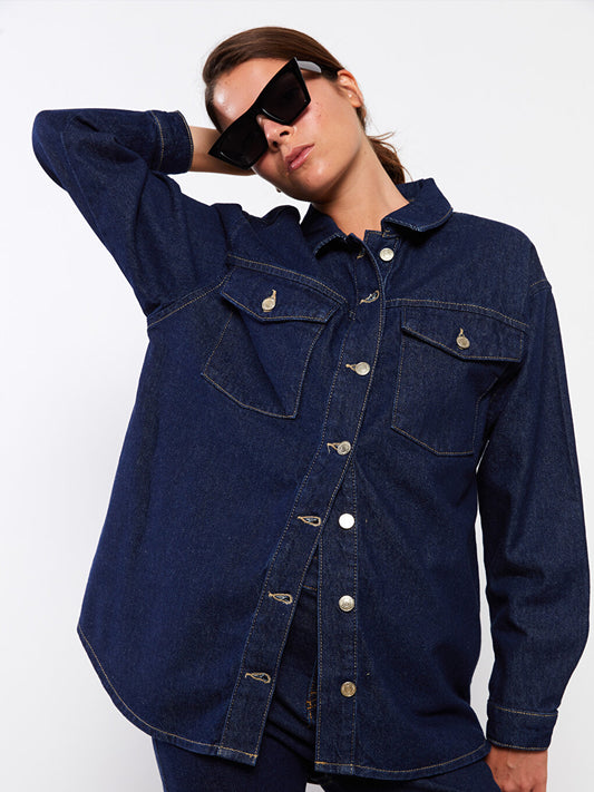 Shirt Collar Plain Long Sleeve Women's Jean Jacket