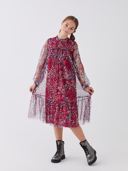 Crew Neck Patterned Long Sleeve Girl's Dress