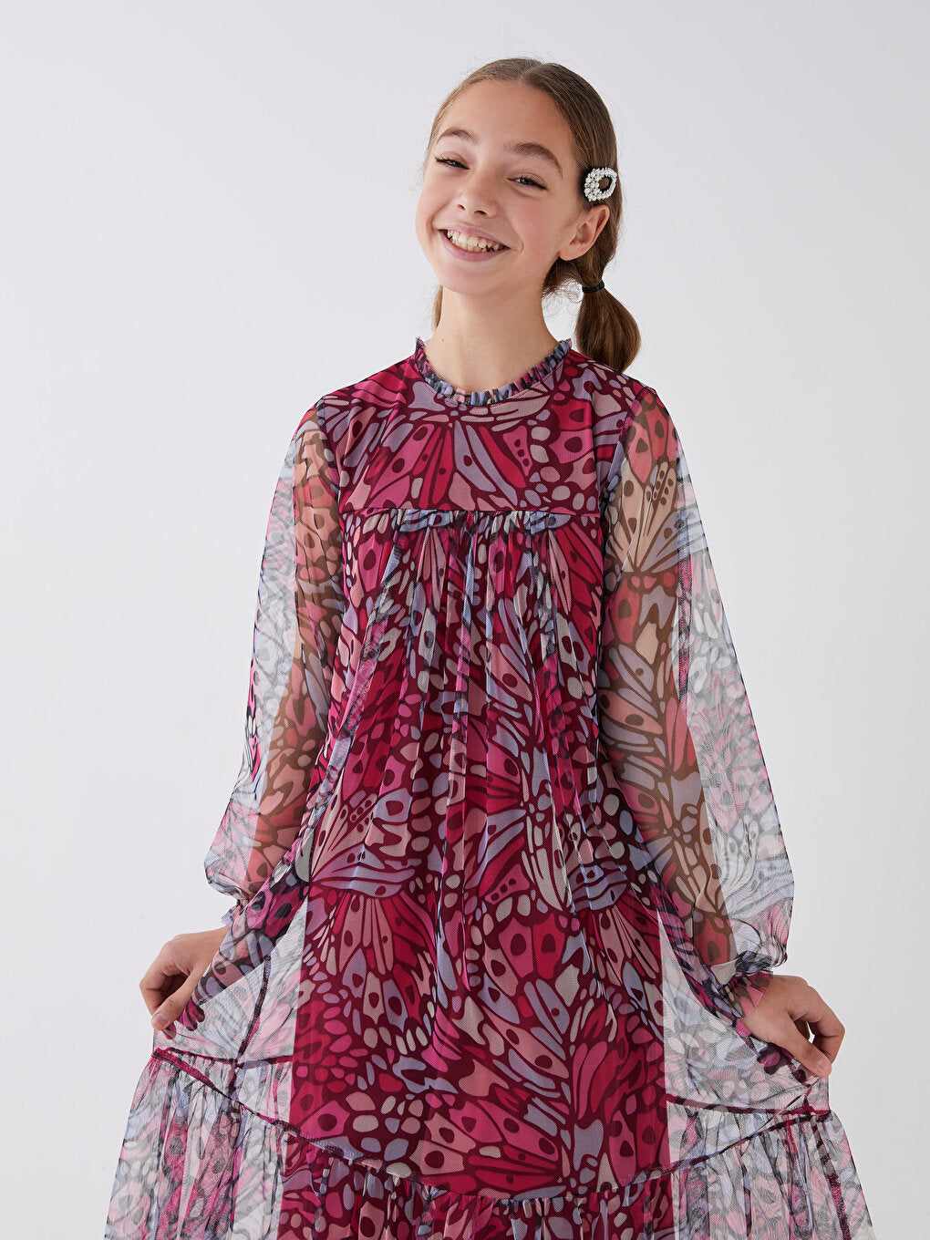 Crew Neck Patterned Long Sleeve Girl's Dress