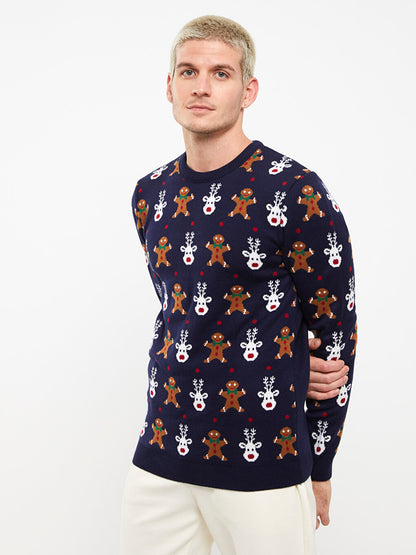 Crew Neck Long Sleeve New Year Themed Men's Knitwear Sweater