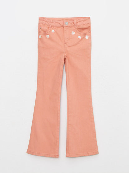 Embroidered Gabardine Flare Leg Girls' Trousers