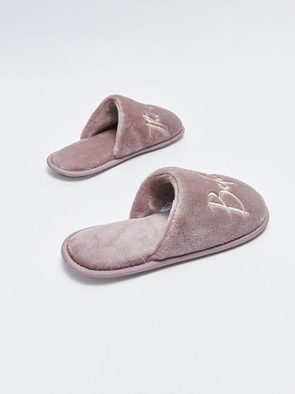 Text Embroidered Plush Women's House Slippers