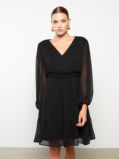 V-Neck Straight Long Sleeve Chiffon Women's Dress