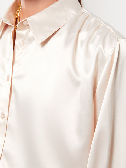 Front Button Closure Plain Long Sleeve Satin Women's Shirt