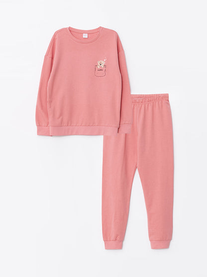 Crew Neck Printed Long Sleeve Girl's Sweatshirt and Trousers