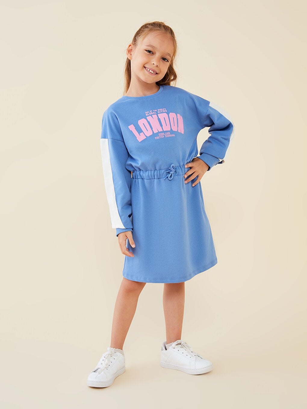 Crew Neck Printed Long Sleeve Girl's Dress