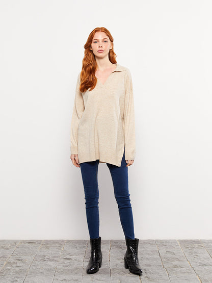 Polo Neck Plain Long Sleeve Women's Knitwear Tunic