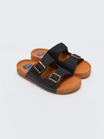 Double Banded Buckle Detailed Men's Slippers