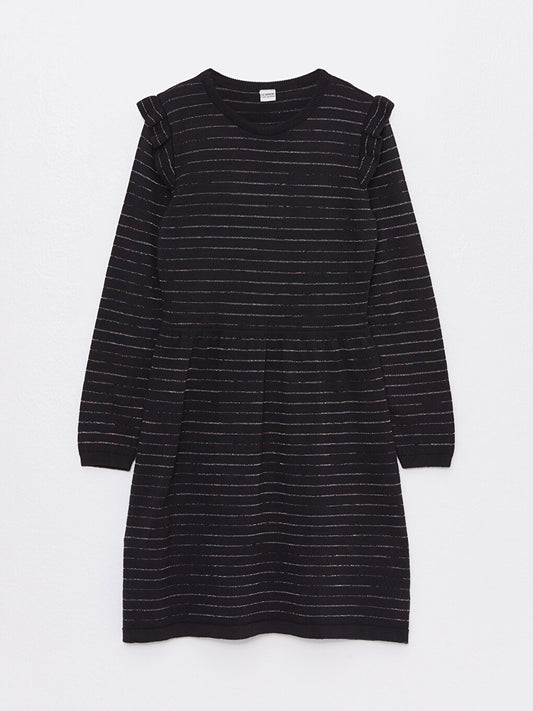 Crew Neck Striped Long Sleeve Girl's Knitwear Dress