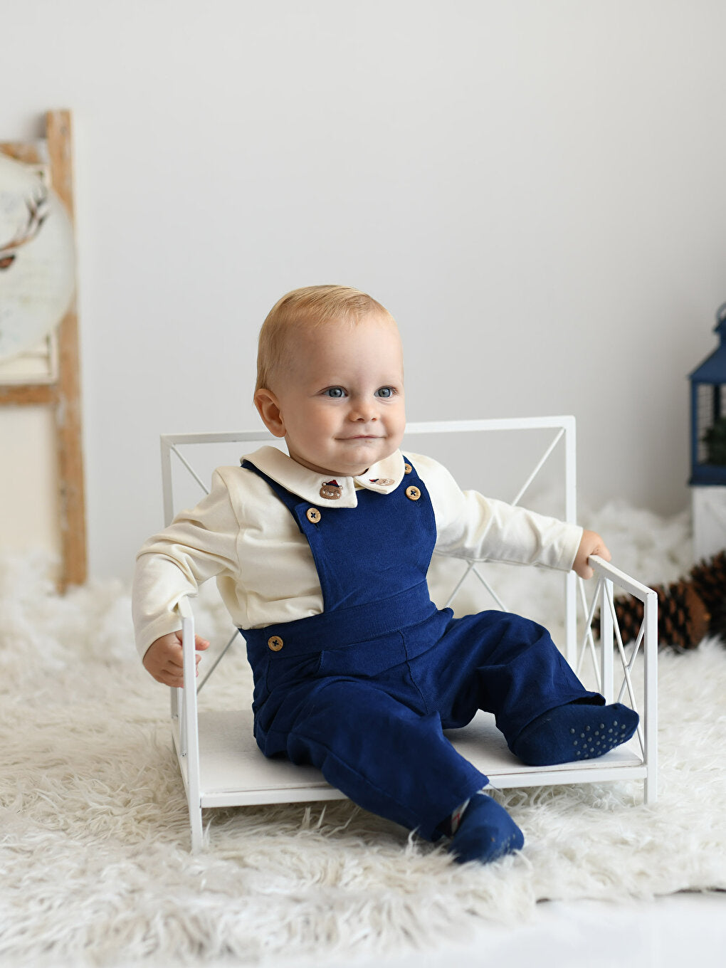 Polo Neck Long Sleeve Baby Boy T-Shirt and Salopet 2-Piece Set