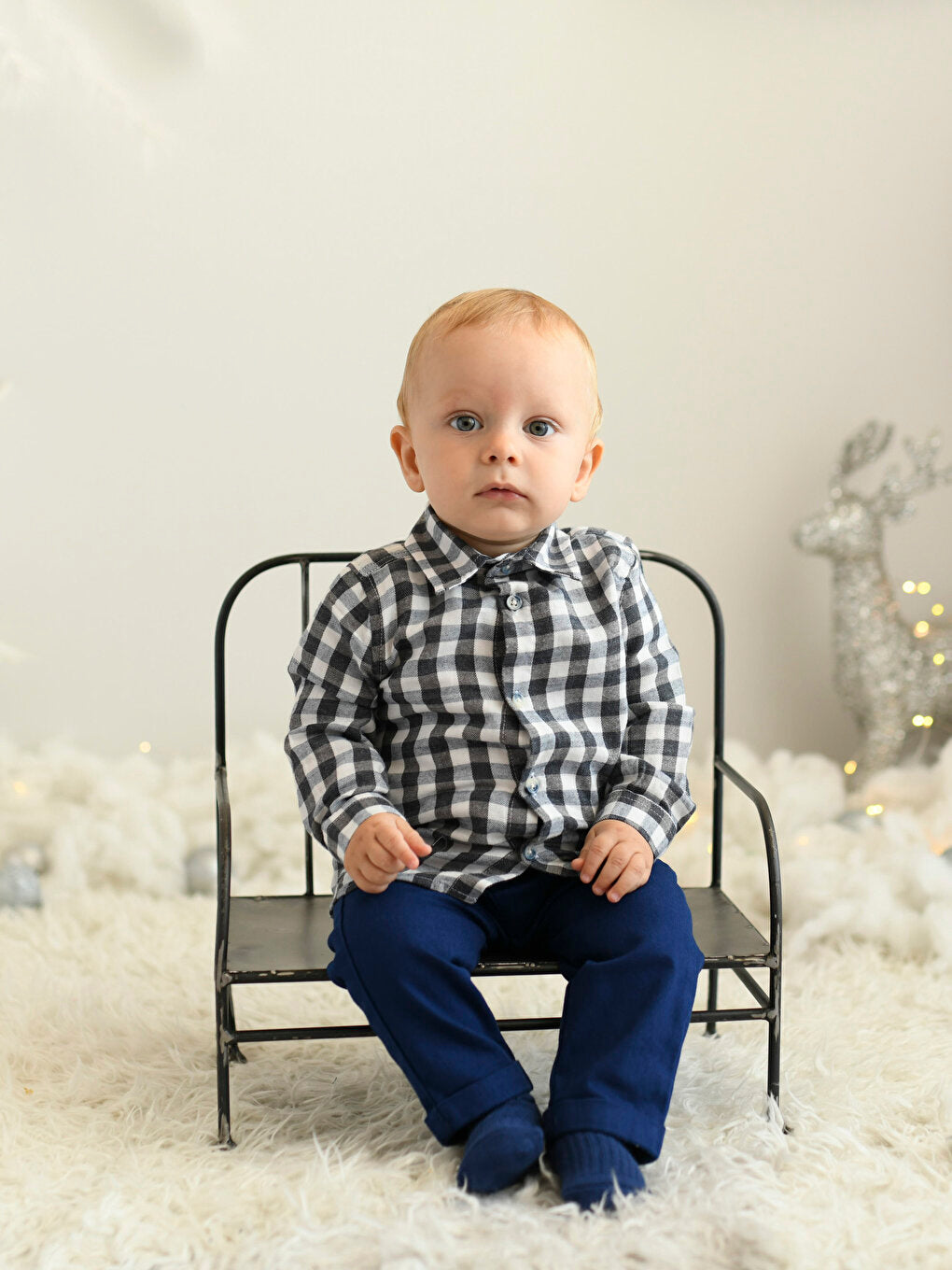 Long Sleeve Plaid Patterned Baby Boy Shirt and Trousers 2-Piece Set