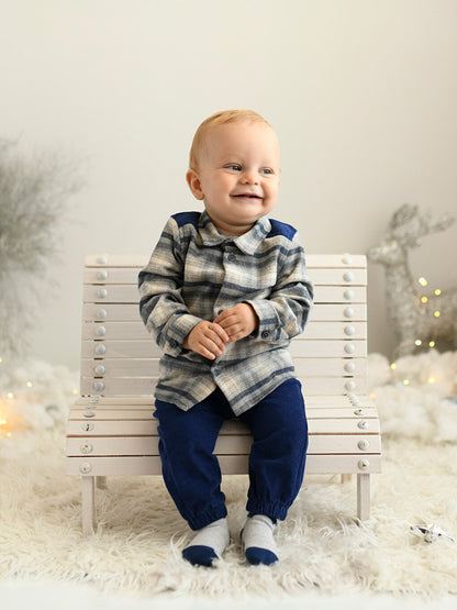 Long Sleeve Plaid Patterned Baby Boy Shirt and Trousers 2-Piece Set