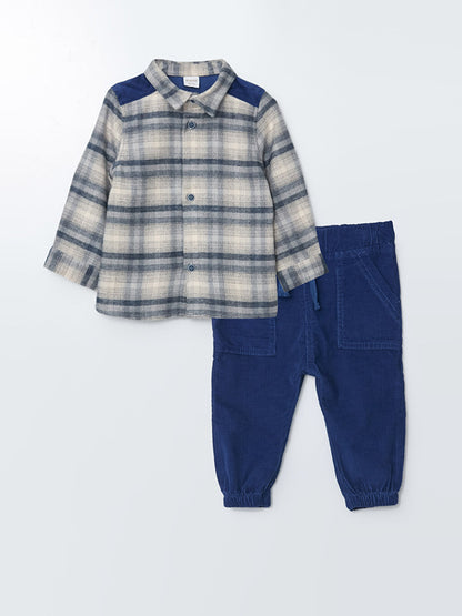 Long Sleeve Plaid Patterned Baby Boy Shirt and Trousers 2-Piece Set