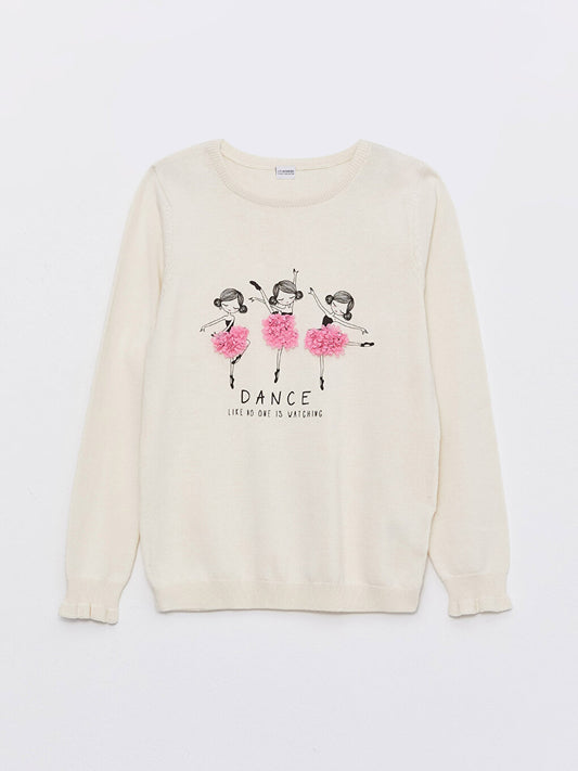 Crew Neck Printed Long Sleeve Girl's Knitwear Sweater