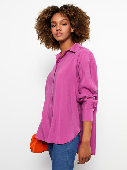 Front Button Closure Plain Long Sleeve Oversize Women's Shirt