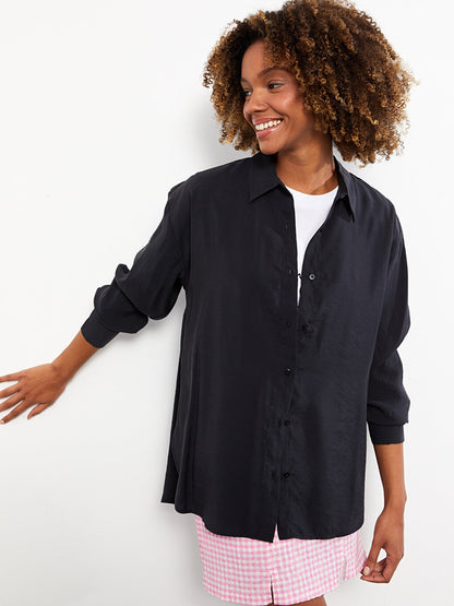 Front Button Closure Plain Long Sleeve Oversize Women's Shirt