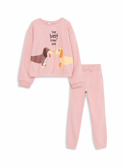 Crew Neck Printed Long Sleeve Girls' Sweatshirt and Sweatpants