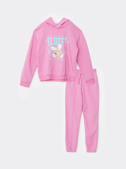 Hooded Printed Long Sleeve Girls' Sweatshirt and Sweatpants