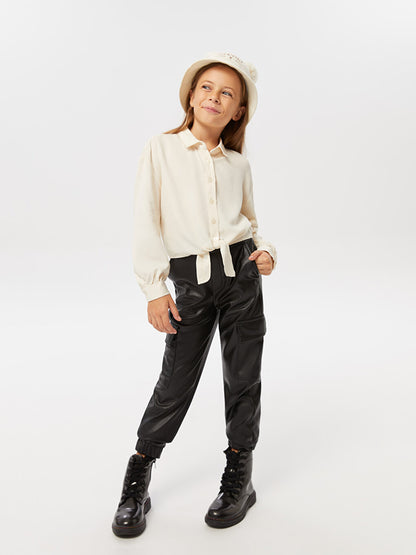 Basic Leather Look Girl's Jogger Trousers with Elastic Waist