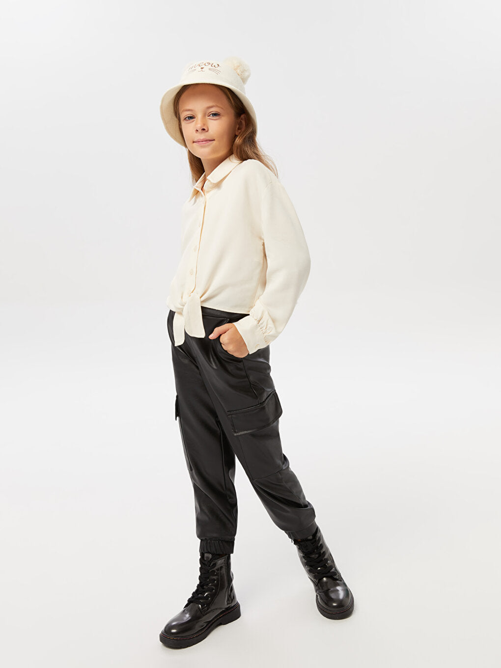 Basic Leather Look Girl's Jogger Trousers with Elastic Waist