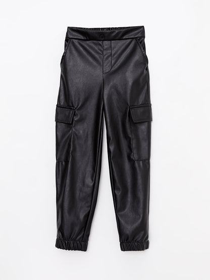 Basic Leather Look Girl's Jogger Trousers with Elastic Waist