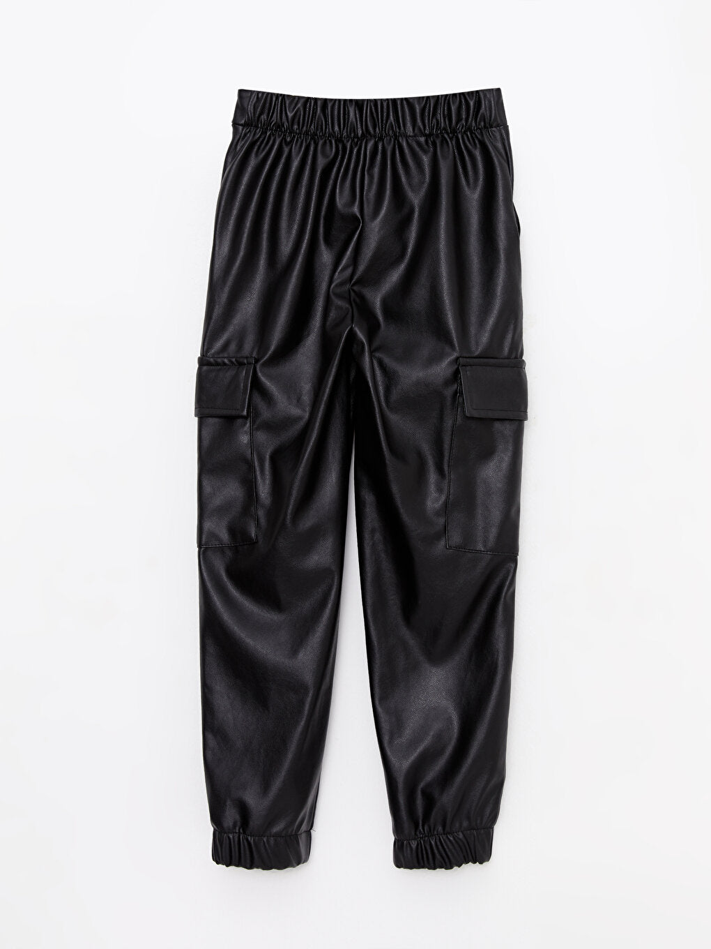 Basic Leather Look Girl's Jogger Trousers with Elastic Waist