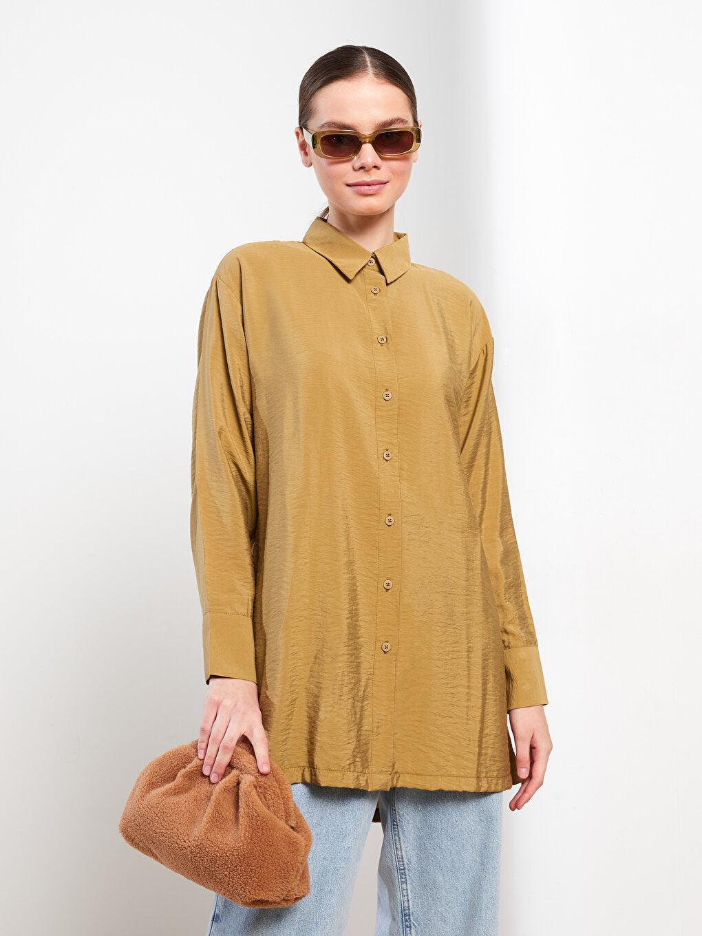 Front Button Closure Plain Long Sleeve Women's Shirt