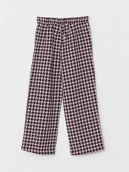 Houndstooth Patterned Girls' Trousers with Elastic Waist