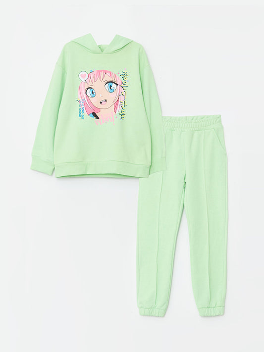 Hooded Printed Long Sleeve Girls' Sweatshirt and Sweatpants