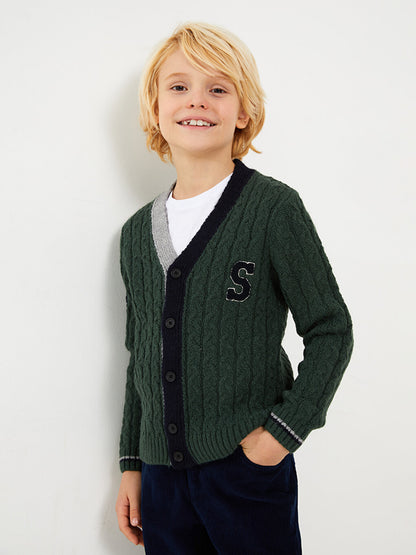 V-Neck Embroidered Long Sleeve Boy's Knitwear Cardigan