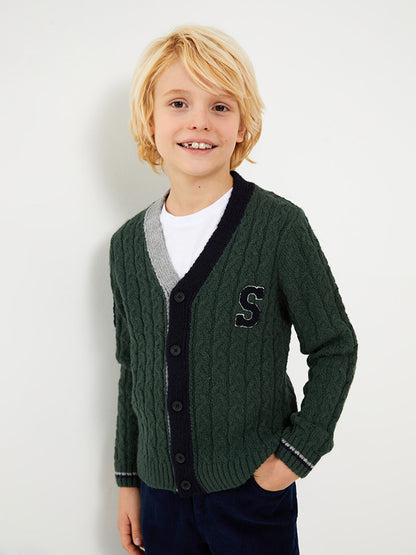 V-Neck Embroidered Long Sleeve Boy's Knitwear Cardigan