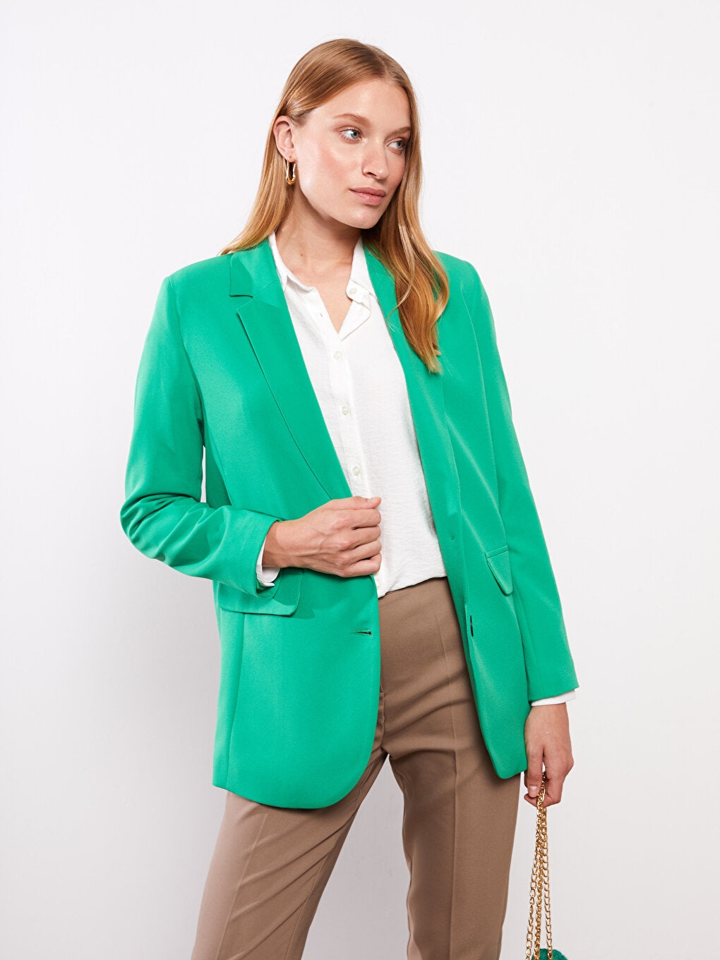 Front Button Closure Plain Long Sleeve Women's Blazer Jacket