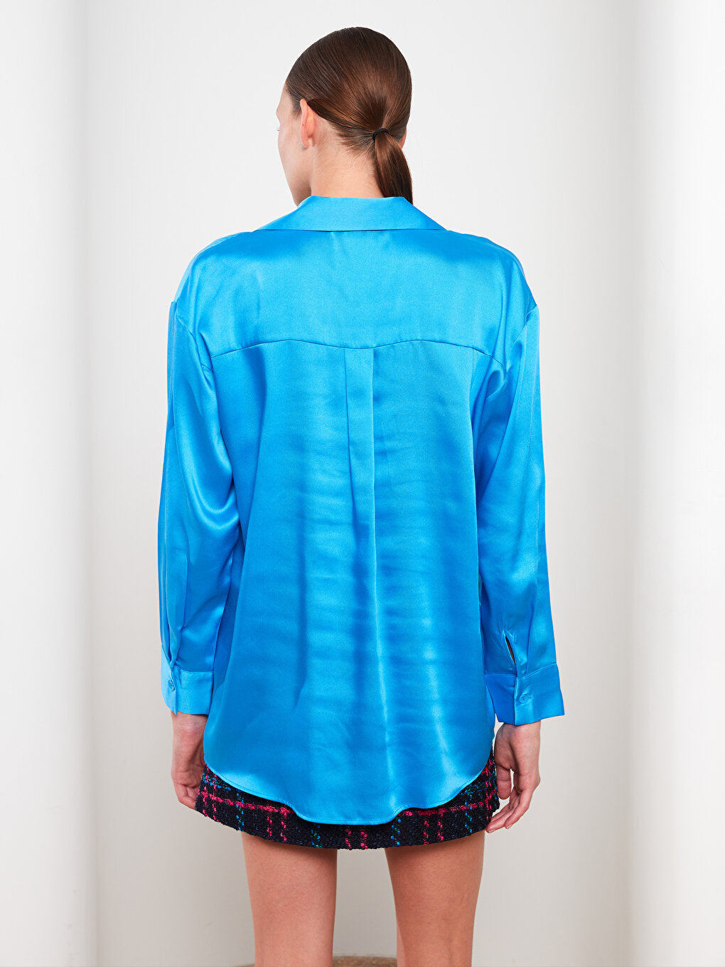 Front Button Closure Plain Long Sleeve Satin Women's Shirt