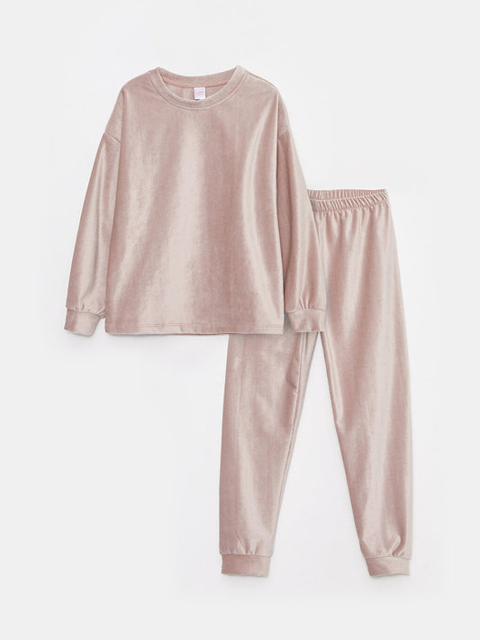 Crew Neck Basic Long Sleeve Velvet Girl's Pajama Set